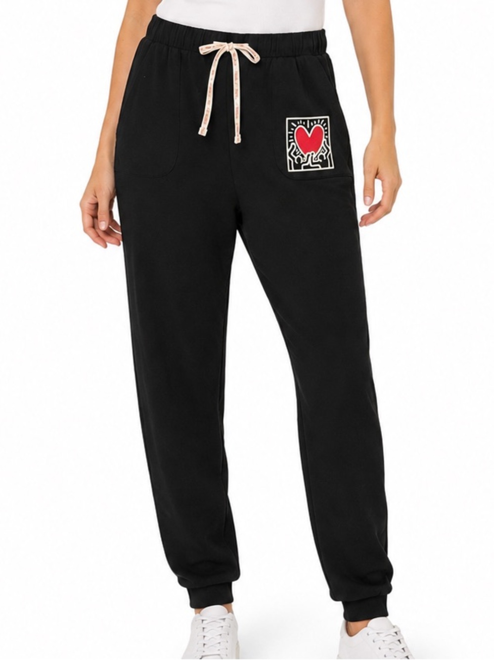 Keith Haring Black Heart Graphic Jogger Pants Size Medium Drawstring Pockets